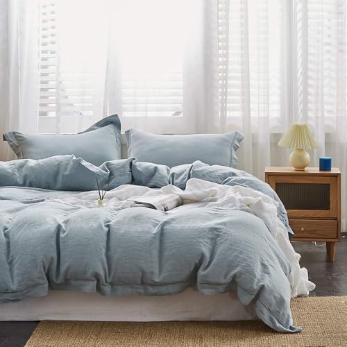 Simple&Opulence 100% French Flax Linen Duvet Cover Set with Embroidery Washed - 3 Pieces (1 Duvet Cover with 2 Pillow Shams) with Button Closure Soft Breathable Farmhouse - Dusty Blue, King Size