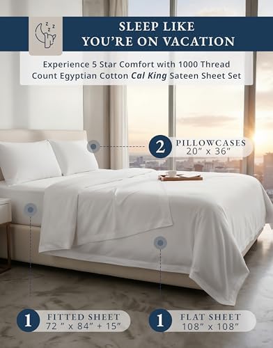 LANE LINEN California King Sheet Sets 100% Egyptian Cotton Sateen - White