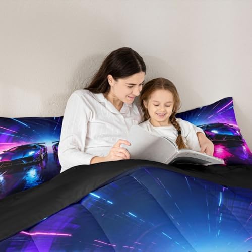 Feelyou Boys Race Car Comforter Set All Season Pink Racing Car Bedding Set with 2 Pillow Cases Speed Sports Microfiber Kids King Bedclothes Bedroom Decor Duvet Quilt Breathable Soft Lightweight