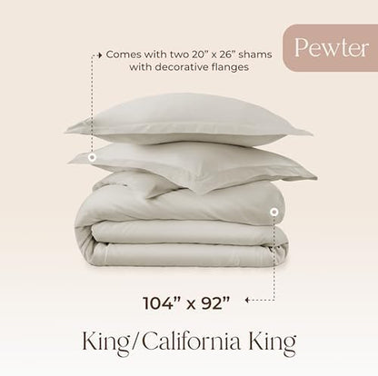 100% Organic Cotton Duvet Cover King Size - Naturally Soft Lightweight & Cooling Duvet Cover Set with Decorative Shams - Premium GOTS Certified 300 Thread Count Sateen Weave (Pewter, King)