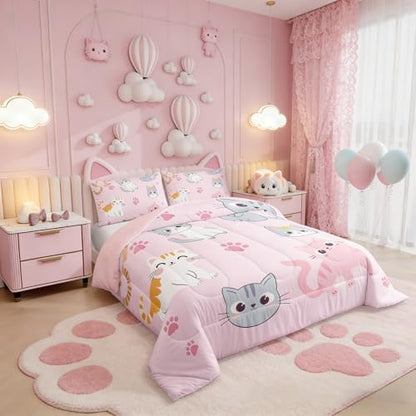 Erosebridal Kids Comforter Set Twin Size Cute Colorful Cats Bedding Set for Girls Kawaii Room Decor, Pink Pet Animal Paw Down Comforter Grey Orange Cat Bed Set Soft Quilt Duvet Set 1 Pillow Case