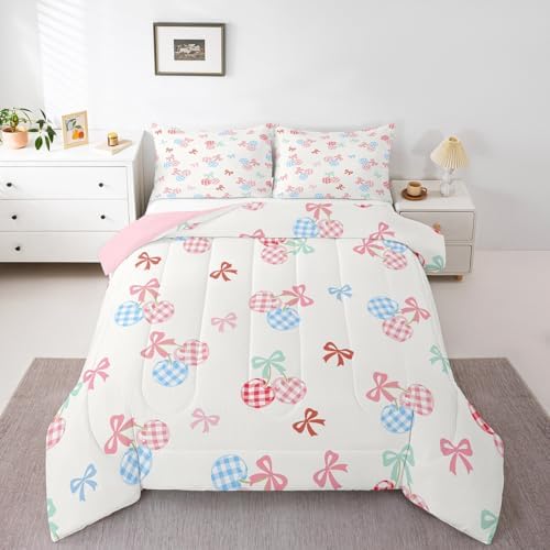 Girl Cherry Comforter Set Queen Size,Cute Bowknot Bedding Sets for Kids Boys Teens Adult Room Decor,Pink Blue Check Fruit Down Comforter White Princess Style Reversible Quilt Set,2 Pillowcases
