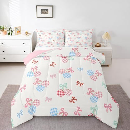 Girl Cherry Comforter Set Queen Size,Cute Bowknot Bedding Sets for Kids Boys Teens Adult Room Decor,Pink Blue Check Fruit Down Comforter White Princess Style Reversible Quilt Set,2 Pillowcases