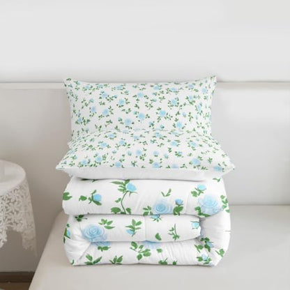 jejeloiu Blue Rose Flower Comforter Set All Season Cute Floral Bedding Set with 1 Pillow Cases Botanical Microfiber Kids Toddler Bedclothes Blossom Flowers Pattern Bedroom Decor Duvet Quilt Soft