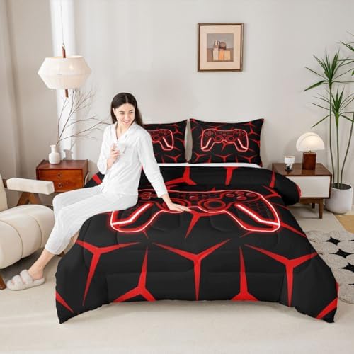 Feelyou Gamer Bedding Set Queen Size Gaming Duvet Quilt for Kids Teens Adults Game Controller Comforter Set Geometric Gamepad Red Room Decor 3Pcs with 2 Pillow Case