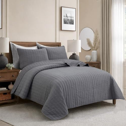 Cozy Line Home Fashions 100% Cotton 3-Piece Charcoal Gray Solid Classic Modern Quilted Bedspread with Shams, Lightweight All Season Modern Bedding (Channel Gray, Queen)