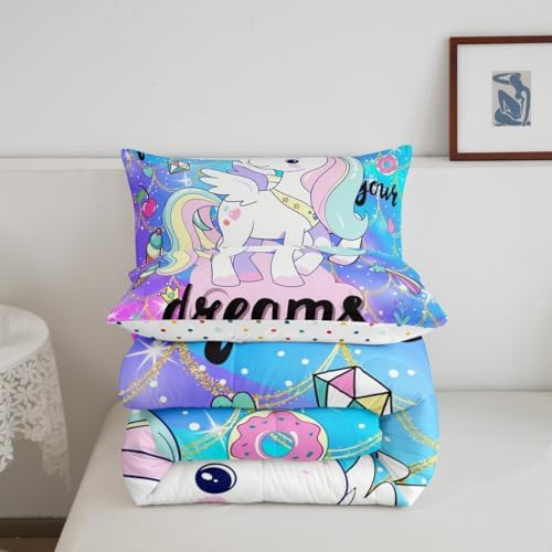 Unicorn Kawaii Bedding King,Cute Rainbow Unicorn Comforter Set,Magical Animals Dreamy Horse Down Comforter,Glitter Mermaid Scale Teal Purple Galaxy Stars Quilt Unicorn Gifts for Girls Child Kids