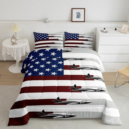 Erosebridal Airplane Comforter Set Full for Kids Adult,American Flag Bedding Set Air Plane Room Decor for Boys Girls,Stars and Stripes Comforter Set Aircraft Aviation Themed Quilt Bed Set 3Pcs