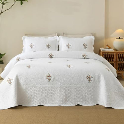MarCielo 3pcs Cotton Quilt Set White Rose Bouquet Embroidered Bedspread