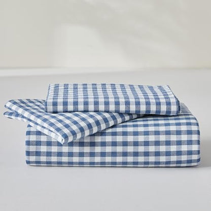 SAPHREAS Gingham Duvet Cover Set King Size, 100% Washed Cotton Linen Like Plaid Comforter Cover with Zipper Closure & Corner Ties (No Comforter), 104x90 Navy