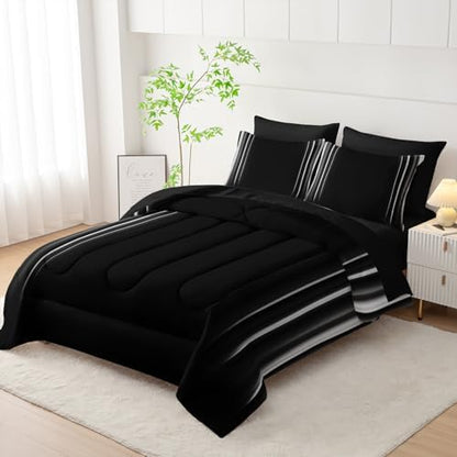 Nttopship White and Black Bedding Set King Size Abstract Ombre Comforter Set Bedding Set 7 Piece in A Bag,Dark Quilt Set Mordern Art Decor All Seasons with Pillowcases,Flat, Fitted Sheet