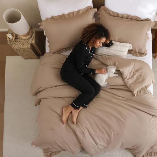 JANZAA Taupe Comforter Set Oversized King, Ruffle Soft Bedding