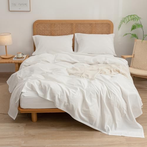 BESTOUCH Cal King Washed Cotton Linen Feel Sheet Set, 4 Pcs Solid Off White