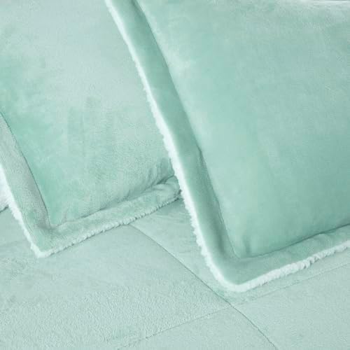 Chezmoi Collection Ultra-Soft Micromink Sherpa King Size Comforter Set with 2 Pillow Shams - Aqua Reversible Plush Bedding Comforter 3-Piece Set Warm Winter Blanket