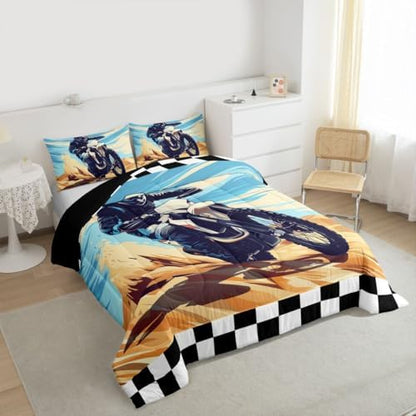Feelyou Desert Motocross Rider Bedding Set Soft for Boys Girls,Dark Gear Dirt Bike Comforter Set Full Sand Track Design Duvet Quilt Checkered Flag Off-Road Racing Design 3 Pcs with 2 Pillow Cases