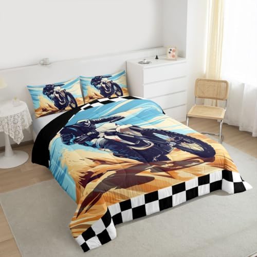 Feelyou Desert Motocross Rider Bedding Set Soft for Boys Girls,Dark Gear Dirt Bike Comforter Set Twin Sand Track Design Duvet Quilt Checkered Flag Off-Road Racing Design 2 Pcs with 1 Pillow Cases