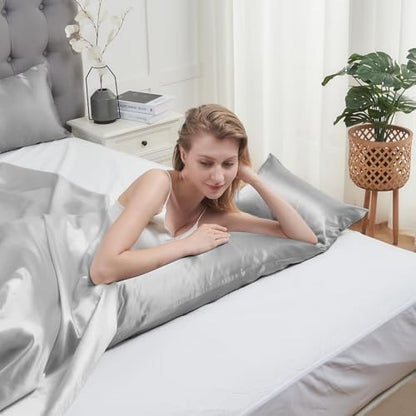 Vielit Satin Body Pillow Pillowcase 1pc,Silky Body Pillow Cover Similar to Silk Pillow Cases Soft Body Pillow Case 20x54 & Envelope Closure,Gift for Women Men Silver Grey & 1 Satin Scunchie