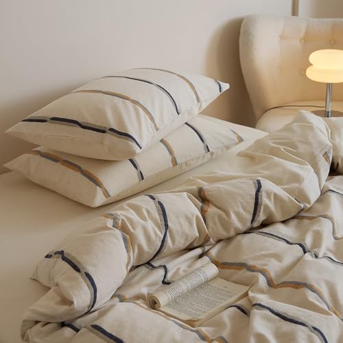 mixinni Cotton Linen Jacquard Duvet Cover Set Queen, 3-Piece Mid-Century Modern Bedding, Vintage Striped Bohemian Duvet Cover with 2 Pillowcases, All-Season Breathable Comforter Cover-Queen Size