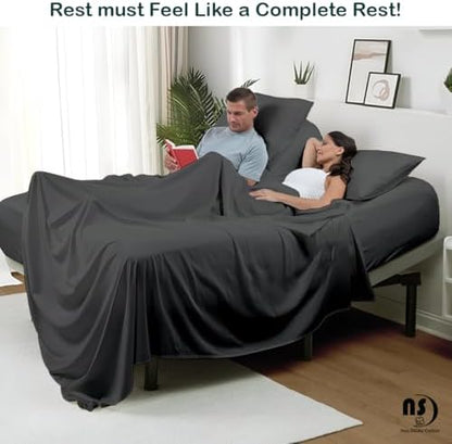 NON Sticky cotton Adjustable Split King Sheet Set for Sleep Number Beds, Premium 100% Long Staple Cotton Bedding, Two Twin XL 39" X 80" Fitted Sheets Fits Up to 18" Deep Mattress, Dark Grey Solid