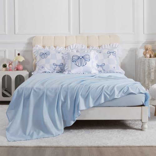 ADASMILE A & S Blue Bow Bedding Twin Size for Girls Kids Ruffle Bedding Set