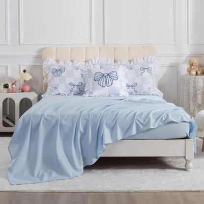 ADASMILE A & S Blue Bow Bedding Twin Size for Girls Kids Ruffle Bedding Set