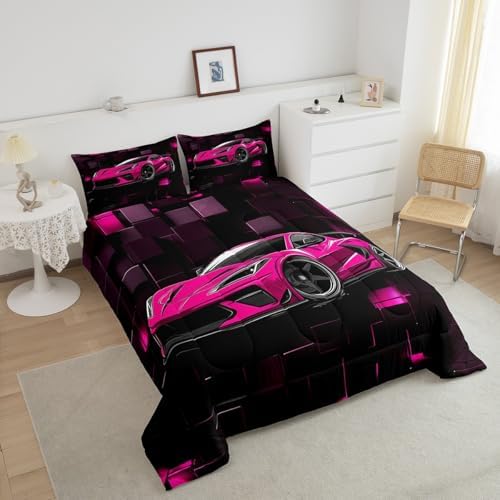 Erosebridal Speed Race Car Comforter Set Queen Hot Pink Sports Car Bedding Set Boys Extreme Sports Down Comforter Black and Hot Pink Quilt Fashion Geometric Duvet Insert 3Pcs Bedding Decor