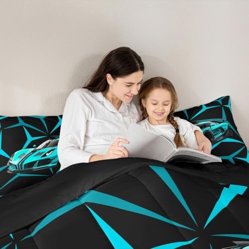 Castle Fairy Teal Speed Race Car Comforter Set Toddler Size,Extreme Sport Theme Abstract Geometric Lines Bedding Set,Kids Teens Adult Room Decor,Racing Car Down Comforter,2 Pcs 1 Pillowcase