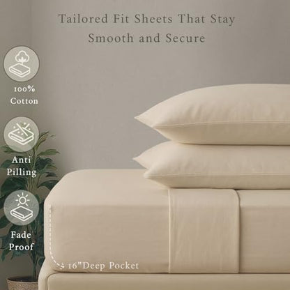 Threadmill 5-Star Hotel 500 Thread Count Best Bed Sheets, 100% Cotton Sheets Set for Queen Size Bed, Smoother Than Egyptian Cotton Claims, 4 Pc Set with Deep Pockets (Beige)