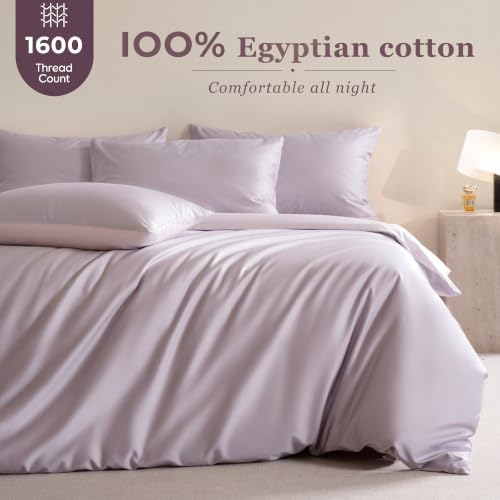King Size Duvet Cover, 100% Egyptian Cotton,1600 Thread Count, Reversible Duvet Cover, Soft and Breathable Satin Bedding Set, All Seasons (Heather Light Purple, 104"x90")