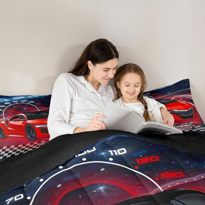 Feelyou Ombre Racing Car Bedding Set King Size Kids Red Speed Sports Car Bedding Set for Boys Girls Teens Extreme Sports Duvet Quilt Breathable Soft Lightweight Microfiber Room Decor