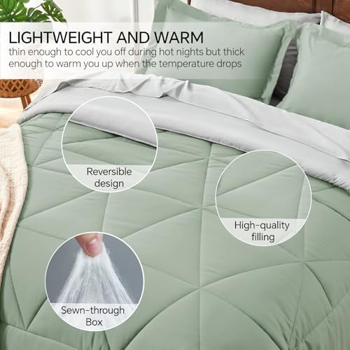 BEDELITE King Comforter Set 7 Pieces, Reversible Sage Green Bed in A Bag