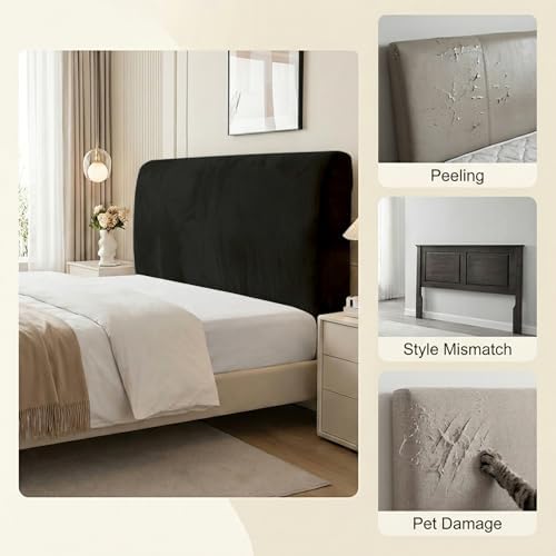 WOMACO Headboard Cover for King Bed, Stretch Velvet Head Board Slipcover with Remote Pockets, Dustproof Bed Head Cover for Upholstered Headboard (Length (71" - 90"), Black)