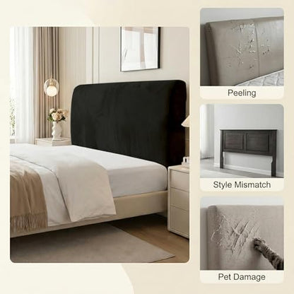 WOMACO Headboard Cover for King Bed, Stretch Velvet Head Board Slipcover with Remote Pockets, Dustproof Bed Head Cover for Upholstered Headboard (Length (71" - 90"), Black)