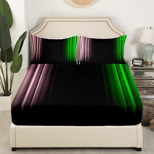 Feelyou Teens Abstract Ombre Decorations Bedding Set for Kids Women Pink Green and Black Bed Sheets Set Geometric Modern Fitted Sheet Sets Room 4Pcs Full Size