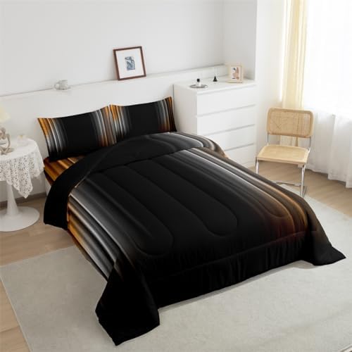 Feelyou Geometric Ombre Bedding Set Men Adults Teens Orange Yellow and Grey Black Comforter Set Kids Boys Girls Modern Quilt Set Bedroom Collection 3Pcs Queen Size