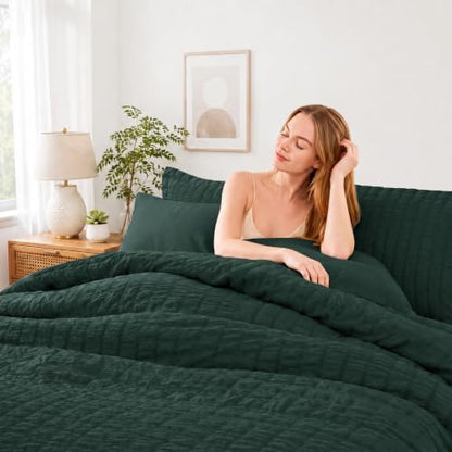 HIMEET King Comforter Set, 7-Piece Seersucker Bed in a Bag, Forest Green