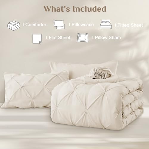 JOLLYVOGUE Twin XL Comforter Set 5 Pieces - Bed in a Bag Twin XL for All Season, Pintuck Bedding Comforter Sets with Comforter, Flat Sheet, Fitted Sheet and Pillowcases & Shams, Beige