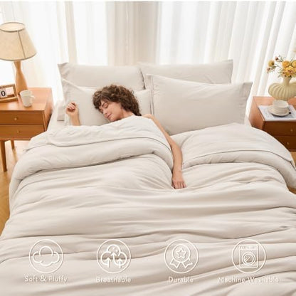MUXHOMO 7 Pieces Oversized King Comforter Set, Soft Bed in a Bag Oversized King Size, All Season Bedding Set with Comforter, Flat Sheet, Fitted Sheet, Pillowcases & Shams, Beige