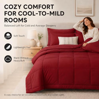 CozyLux Full Size Comforter Sets Dark Red - 7 Pieces Bed in a Bag