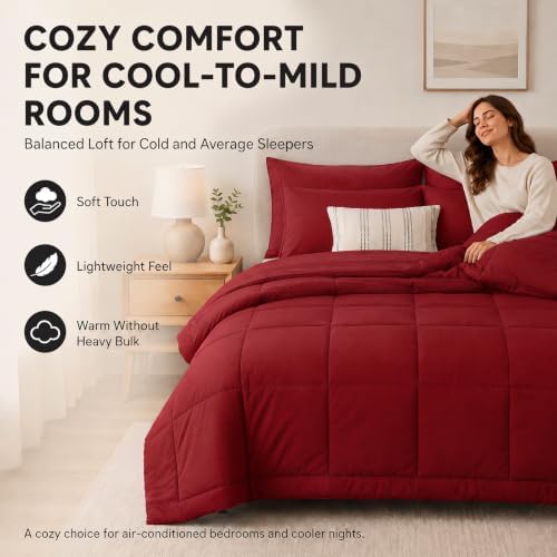 CozyLux King Size Comforter Set Dark Red - 7 Pieces Bed in a Bag