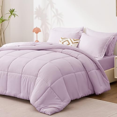 Love's cabin California King Comforter Set Light Purple, 7 Pieces California King Bed in a Bag, All Season Bedding Sets with 1 Comforter, 1 Flat Sheet, 1 Fitted Sheet, 2 Pillowcase and 2 Pillow Sham