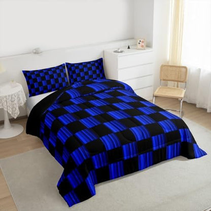 Feelyou Checkered Comforter Set King Size Abstract Ombre Bedding Set for Kids Boys Girls Modern Geometric Blue Black Duvet Quilt Cute Neutral Aesthetic Plaid Bedroom Decor 3 Pcs with 2 Pillow Cases