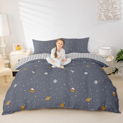 Erosebridal Galaxy Series Bedding Set, Grid Decor Duvet Cover, Queen Size for Boys Teens Kids Bedroom Decor Comforter Cover Set Starry Sky Planet Lattice Pattern Soft Microfiber Reversible Quilt Set