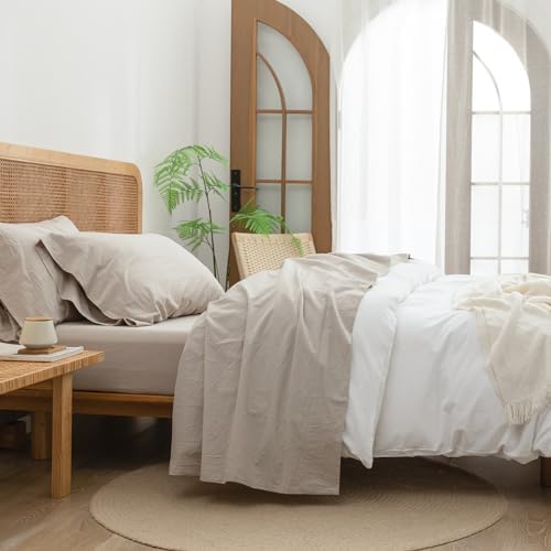 BESTOUCH Full Washed Cotton Linen Feel Sheet Set 4 Pcs Linen Grey