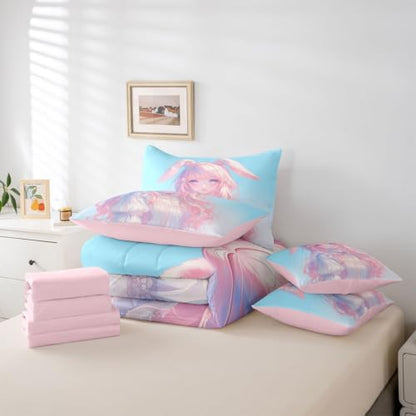 Erosebridal 3D Anime Girl Bedding Set,Japanese Girl Bed in A Bag Cartoon Anime Full Comforter Set 7 Piece for Kids Teen Women Room Decor,Pink Kawaii Rabbit Doll Blue Bed Set