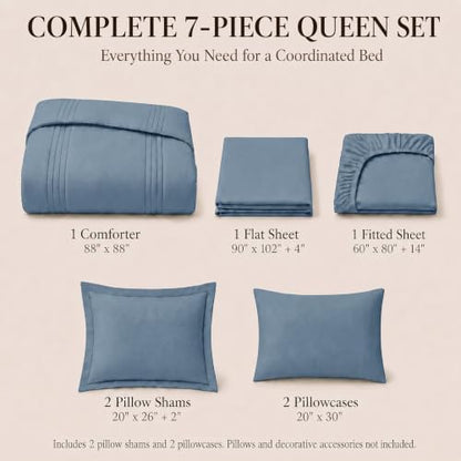 CozyLux Queen Comforter Set Grayish Blue - 7 Pieces Bed in a Bag