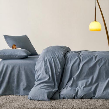 Wake In Cloud - Cotton Duvet Cover Set, 100% Washed Cotton, Linen Like Textured, Breathable Durable Comfy Farmhouse Neutral Bedding Set, 3 Pieces, Denim Blue, Full Size