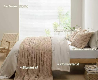 HIG 4pc 2-in-1 King Comforter Set with Detachable Fluffy Blanket, Camel