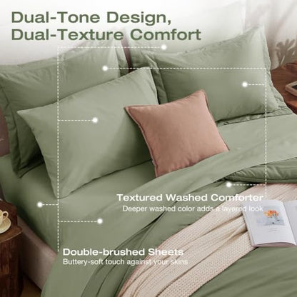Sasttie Full Comforter Set 7-Piece Sage Green, Pre-Washed Bed in a Bag