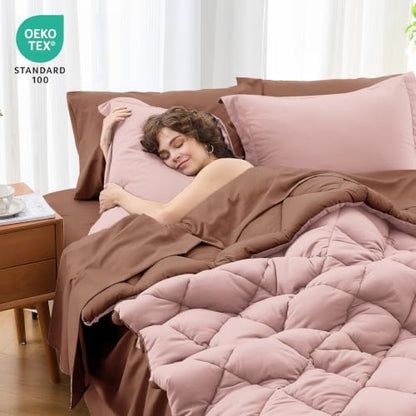 MUXHOMO 5 Pieces Twin Comforter Set, Reversible Bed in a Bag Twin Size, All Season Bedding Set with Comforter, Flat Sheet, Fitted Sheet, Pillowcases & Shams, Rose Gold & Mocha